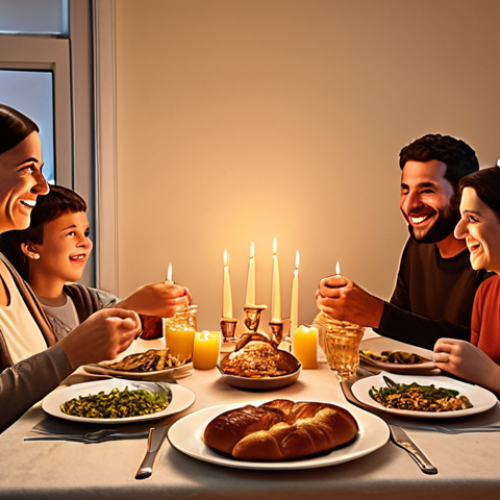 **A warm, inviting Shabbat dinner scene:** A family is gathered around a table set with candles, challah bread, and other traditional foods. Everyone is smiling and enjoying each other's company. The scene should evoke a sense of peace, joy, and togetherness. Focus on the warmth of the candlelight and the expressions on the faces of the people.