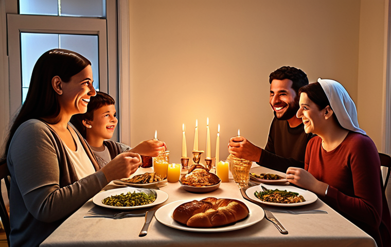 **A warm, inviting Shabbat dinner scene:** A family is gathered around a table set with candles, challah bread, and other traditional foods. Everyone is smiling and enjoying each other's company. The scene should evoke a sense of peace, joy, and togetherness. Focus on the warmth of the candlelight and the expressions on the faces of the people.