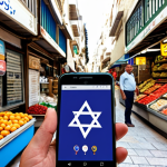 **A traveler confidently using Google Translate on their smartphone to decipher a Hebrew sign in a bustling Israeli marketplace.** (Focus on the app interface and the vibrant market setting).