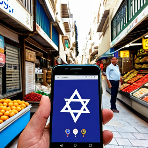 **A traveler confidently using Google Translate on their smartphone to decipher a Hebrew sign in a bustling Israeli marketplace.** (Focus on the app interface and the vibrant market setting).