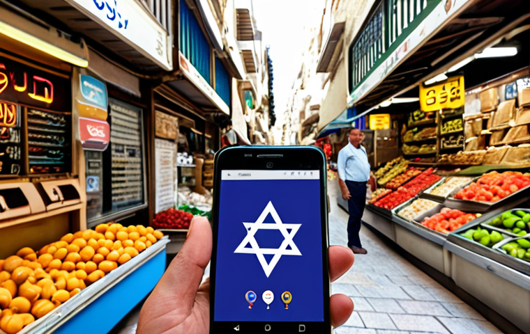 **A traveler confidently using Google Translate on their smartphone to decipher a Hebrew sign in a bustling Israeli marketplace.** (Focus on the app interface and the vibrant market setting).