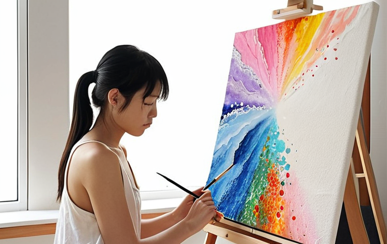 A deeply serene portrayal of a young Japanese woman finding profound relief from digital fatigue. She is immersed in an art therapy session, focusing intently on painting with vivid, flowing watercolors onto a large canvas, or perhaps gently molding soft clay. The setting is minimalist and calming, with natural light filtering in. The artwork she creates abstractly represents the release of stress and the emergence of inner peace, subtly showing the transformation from a state of overwhelm to quiet introspection. Emphasize the tactile, sensory connection to the art materials, highlighting the contrast with screen-based activities. High detail, soft focus, an atmosphere of healing and self-discovery.