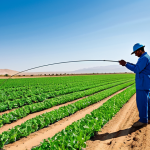 A vibrant agricultural field flourishing in an arid desert environment, showcasing a sophisticated drip irrigation system with visible lines delivering water directly to the roots of healthy, green crops. The scene depicts the transformation of desert into fertile land, under a clear, bright sky. A professional agronomist in modest work attire stands in the background, observing the successful cultivation. Professional photography, high quality, perfect anatomy, correct proportions, natural pose, well-formed hands, proper finger count, natural body proportions, safe for work, appropriate content, fully clothed, professional.