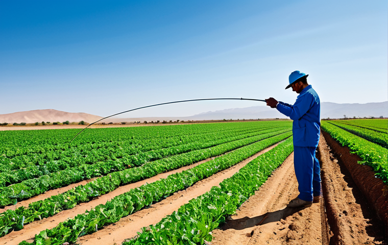 A vibrant agricultural field flourishing in an arid desert environment, showcasing a sophisticated drip irrigation system with visible lines delivering water directly to the roots of healthy, green crops. The scene depicts the transformation of desert into fertile land, under a clear, bright sky. A professional agronomist in modest work attire stands in the background, observing the successful cultivation. Professional photography, high quality, perfect anatomy, correct proportions, natural pose, well-formed hands, proper finger count, natural body proportions, safe for work, appropriate content, fully clothed, professional.