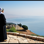 A contemplative female pilgrim, adult, in modest, long-sleeved travel attire, fully clothed, standing on the Mount of Beatitudes, gazing peacefully at the vast, serene Sea of Galilee below, bathed in soft morning light. Ancient stone ruins of Capernaum are subtly visible in the distance. The scene conveys a deep spiritual journey and tranquility. Professional photography, high resolution, sharp focus, natural colors, perfect anatomy, correct proportions, natural pose, well-formed hands, proper finger count, natural body proportions, safe for work, appropriate content, family-friendly.