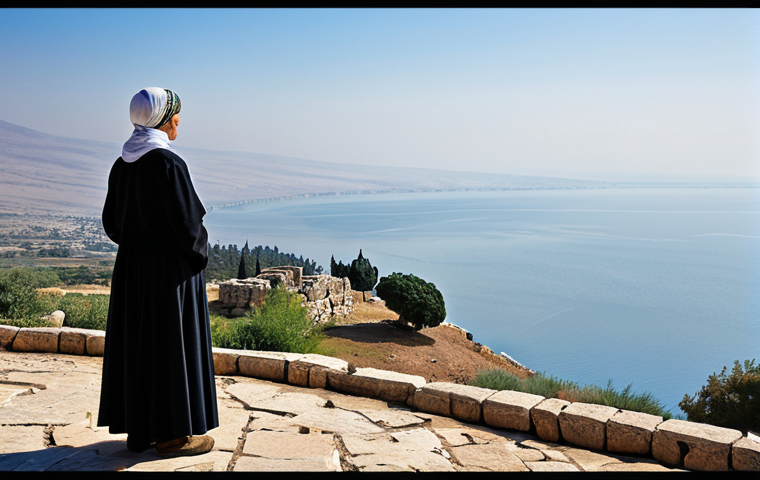 A contemplative female pilgrim, adult, in modest, long-sleeved travel attire, fully clothed, standing on the Mount of Beatitudes, gazing peacefully at the vast, serene Sea of Galilee below, bathed in soft morning light. Ancient stone ruins of Capernaum are subtly visible in the distance. The scene conveys a deep spiritual journey and tranquility. Professional photography, high resolution, sharp focus, natural colors, perfect anatomy, correct proportions, natural pose, well-formed hands, proper finger count, natural body proportions, safe for work, appropriate content, family-friendly.