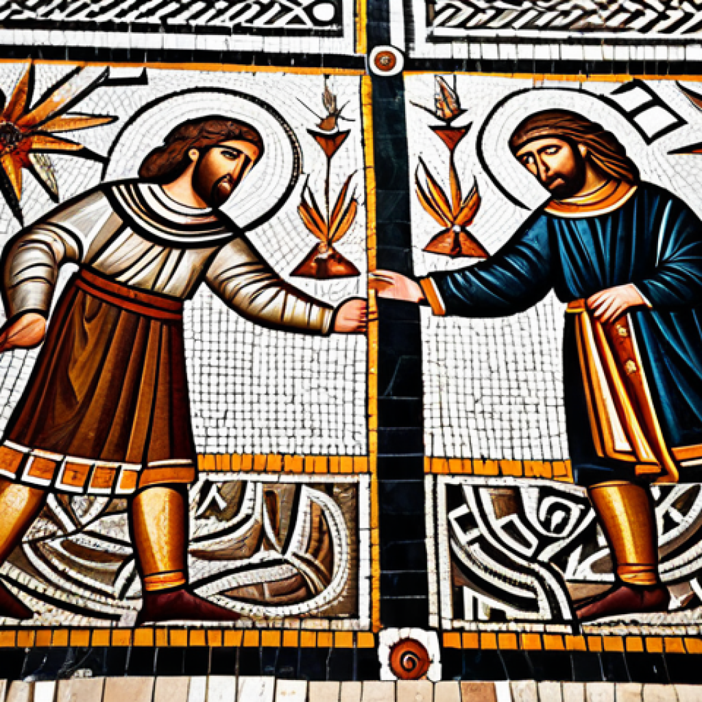 Ancient Mosaic**

"An intricate ancient mosaic floor depicting biblical scenes and geometric patterns, discovered in an Israeli archaeological site. Fully clothed archaeologists are carefully excavating the area. Safe for work, appropriate content, perfect anatomy, correct proportions, natural pose, professional photography, high quality, family-friendly, fully clothed."

**