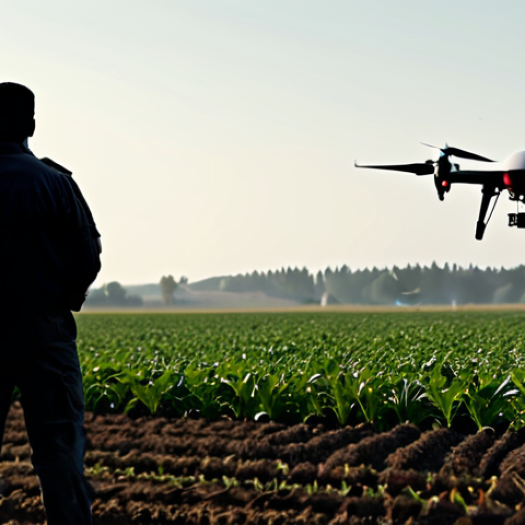Military to Civilian Tech Transfer**

"A modern agricultural scene with a drone hovering above a field of crops, fully clothed farmers observing. In the background, a subtle silhouette of military aircraft. The drone is inspecting crop health. Safe for work, appropriate content, fully clothed, professional, perfect anatomy, correct proportions, natural pose, realistic rendering, high resolution, clear focus, family-friendly. "

**