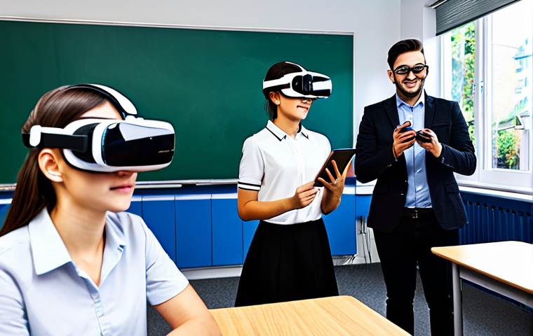 Tech-Driven English Learning**

"A diverse group of students, fully clothed in casual and professional attire, using VR headsets and tablets for English lessons in a modern classroom setting, safe for work, appropriate content, professional, perfect anatomy, correct proportions, well-formed hands, modest clothing, bright and engaging atmosphere"

**