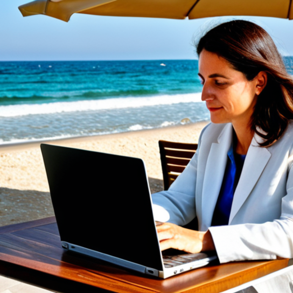 Tel Aviv - Business & Beach Fusion**

"A professional businesswoman in a modest, light-colored linen suit, working on a laptop at a cafe table on a sunny Tel Aviv beach, fully clothed, appropriate attire, safe for work, perfect anatomy, natural proportions, Mediterranean Sea in the background, high-quality photo, family-friendly."

**