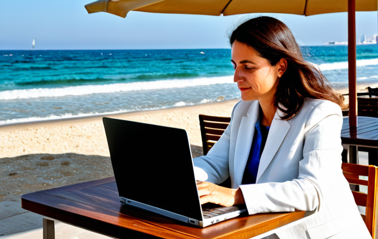 Tel Aviv - Business & Beach Fusion**

"A professional businesswoman in a modest, light-colored linen suit, working on a laptop at a cafe table on a sunny Tel Aviv beach, fully clothed, appropriate attire, safe for work, perfect anatomy, natural proportions, Mediterranean Sea in the background, high-quality photo, family-friendly."

**