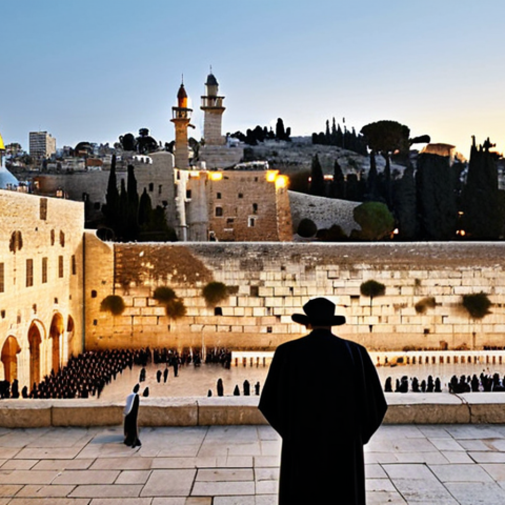 이스라엘 유대교와 세속화 - **Prompt:** "Jerusalem's Western Wall at sunset, Orthodox Jewish men in traditional black clothing p...