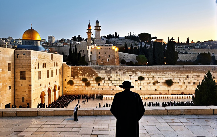이스라엘 유대교와 세속화 - **Prompt:** "Jerusalem's Western Wall at sunset, Orthodox Jewish men in traditional black clothing p...