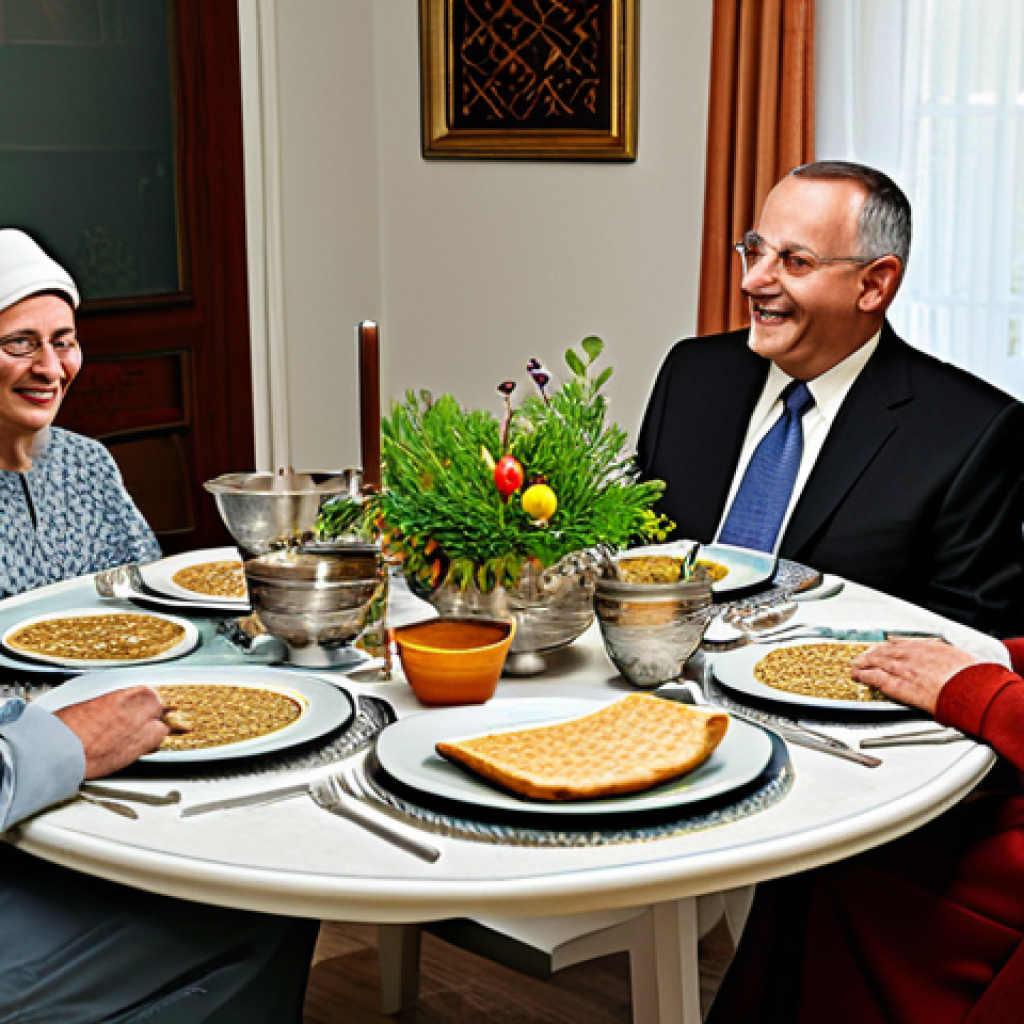 이스라엘 공휴일과 국가적 의미 - **Passover Seder:** "A family-friendly scene of a Passover Seder. A multigenerational family is gath...