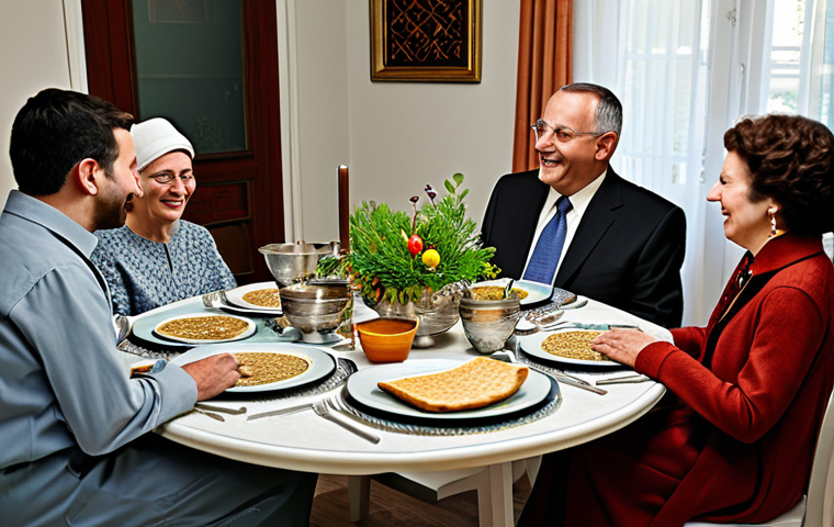 이스라엘 공휴일과 국가적 의미 - **Passover Seder:** "A family-friendly scene of a Passover Seder. A multigenerational family is gath...