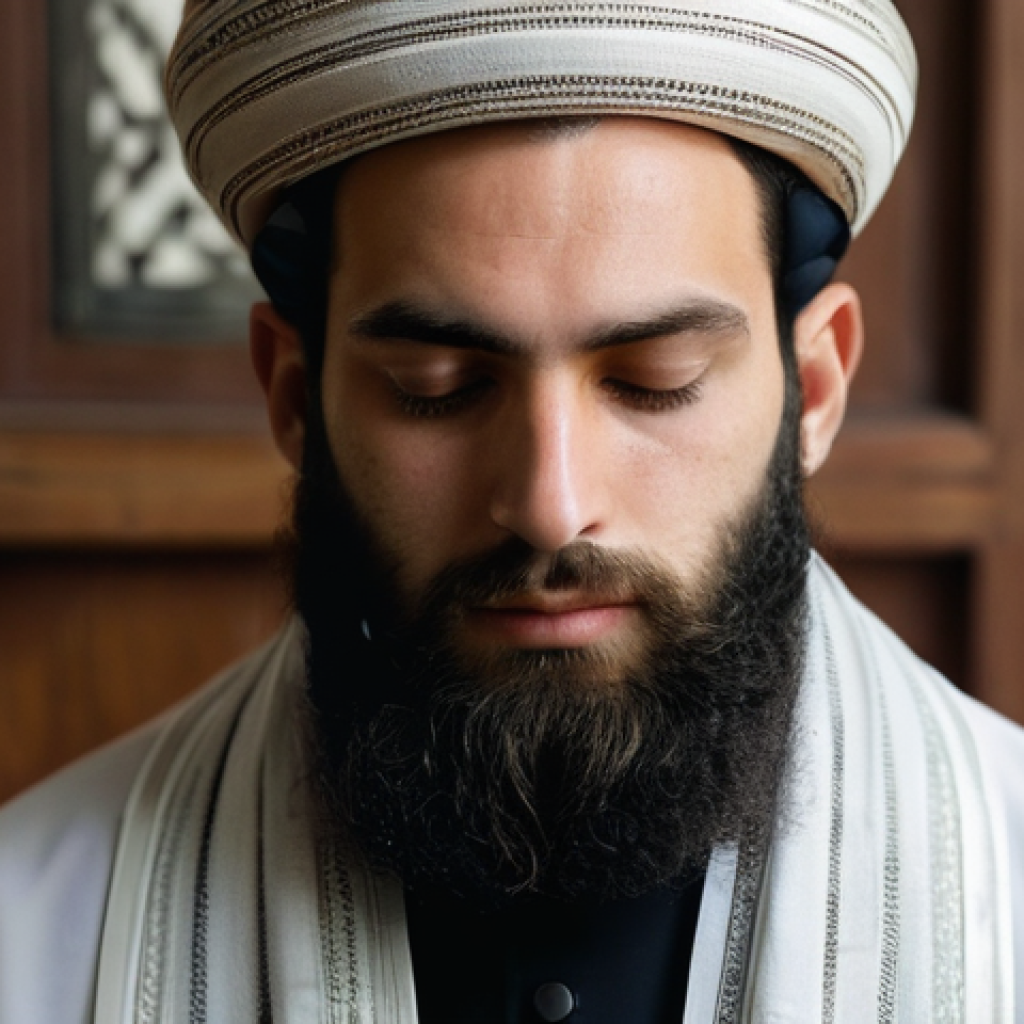 이스라엘 정통 유대인 예배 방식 - **Prompt: Orthodox Jewish Man in Prayer**
    A devout Orthodox Jewish man in his late 20s to early ...