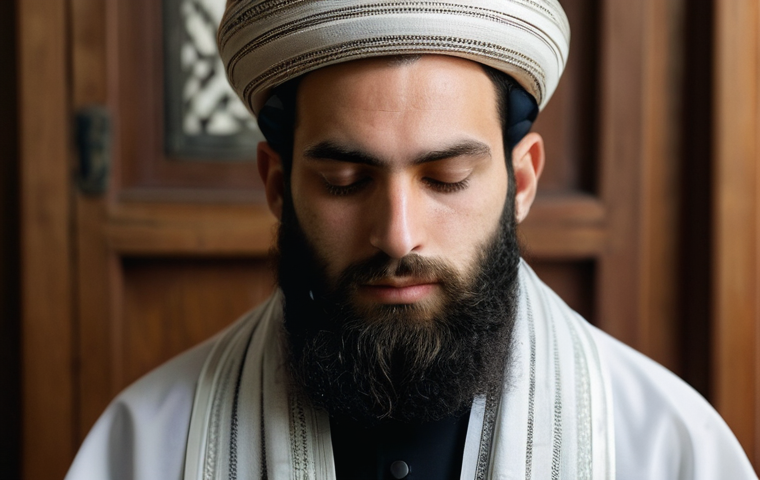 이스라엘 정통 유대인 예배 방식 - **Prompt: Orthodox Jewish Man in Prayer**
    A devout Orthodox Jewish man in his late 20s to early ...