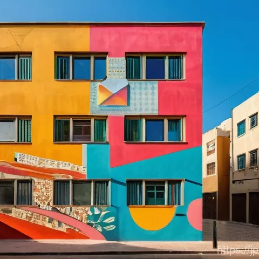 이스라엘 현대 예술의 흐름 - A vibrant street art mural painted on a weathered Bauhaus-style building in the Florentin neighborho...