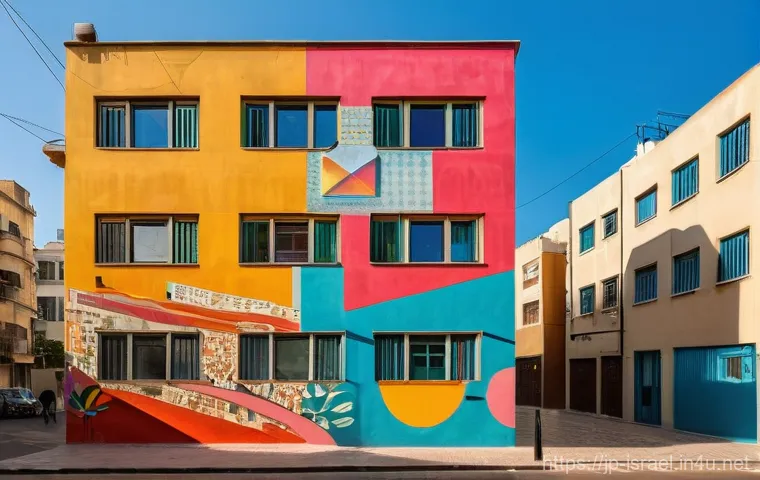 이스라엘 현대 예술의 흐름 - A vibrant street art mural painted on a weathered Bauhaus-style building in the Florentin neighborho...