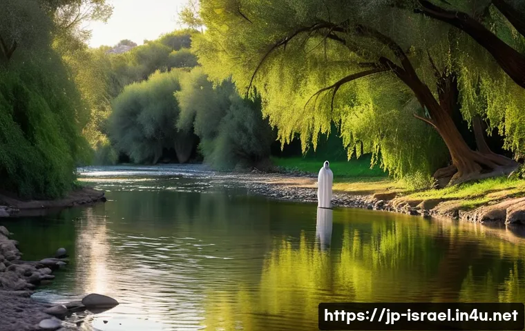 이스라엘의 요르단 강 침례 명소 - **Prompt:** A serene and contemplative scene at the historical Jordan River baptismal site. The sun ...