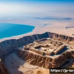 이스라엘 고대 유적지  마사다 - A stunning panoramic aerial view of the ancient Masada fortress, dramatically situated atop a massiv...