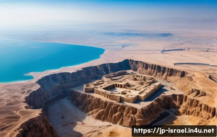 이스라엘 고대 유적지  마사다 - A stunning panoramic aerial view of the ancient Masada fortress, dramatically situated atop a massiv...