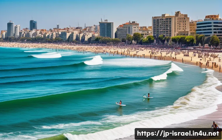 이스라엘의 서핑 명소 - A vibrant Tel Aviv beach scene showcasing a diverse group of surfers enjoying gentle Mediterranean w...