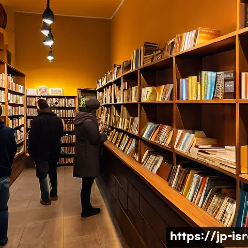 이스라엘의 도서 시장 - A cozy, bustling bookstore interior in Jerusalem featuring diverse shelves filled with Hebrew, Arabi...