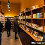 이스라엘의 도서 시장 - A cozy, bustling bookstore interior in Jerusalem featuring diverse shelves filled with Hebrew, Arabi...