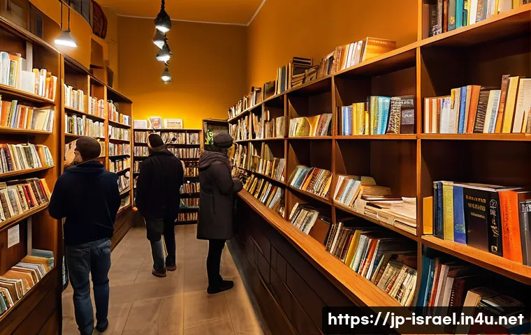 이스라엘의 도서 시장 - A cozy, bustling bookstore interior in Jerusalem featuring diverse shelves filled with Hebrew, Arabi...