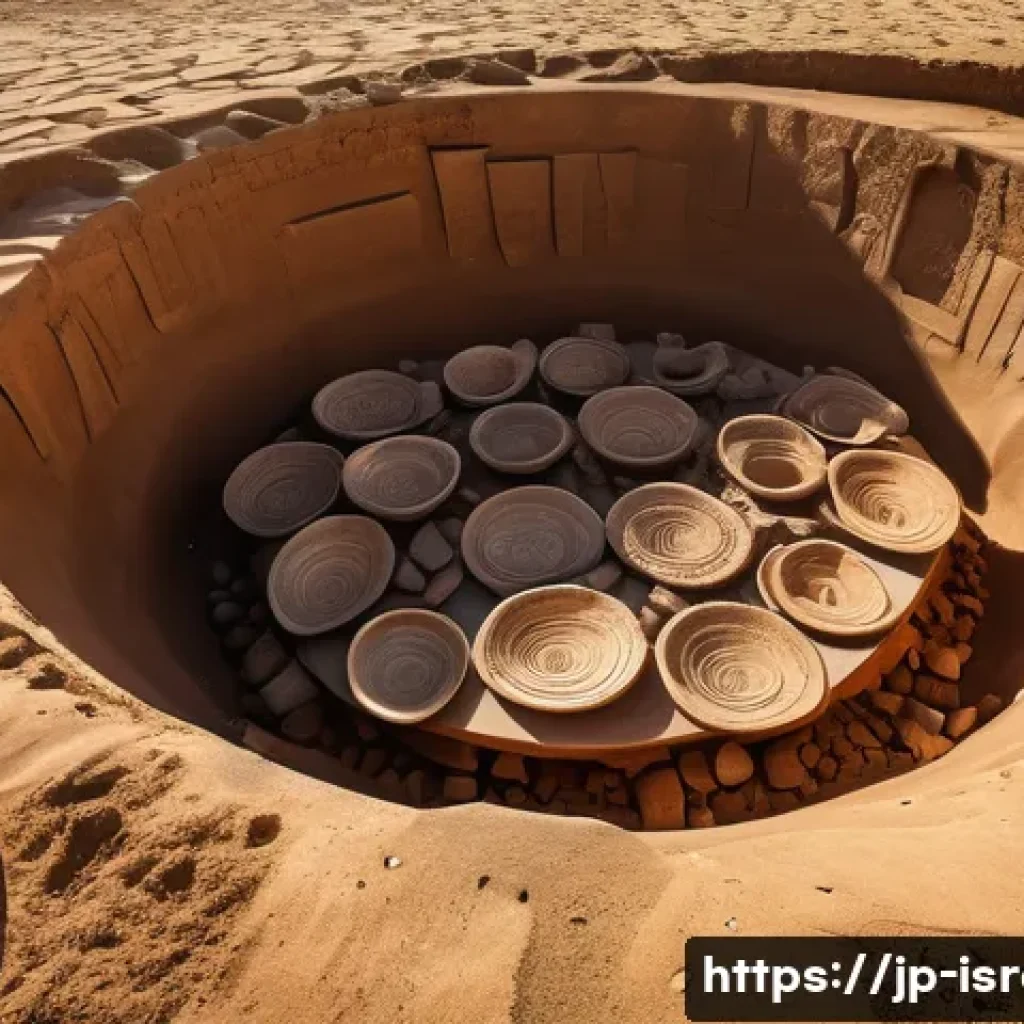 이스라엘에서 발견된 새로운 고고학적 유물 - A detailed archaeological excavation site in Israel featuring an array of ancient pottery shards and...