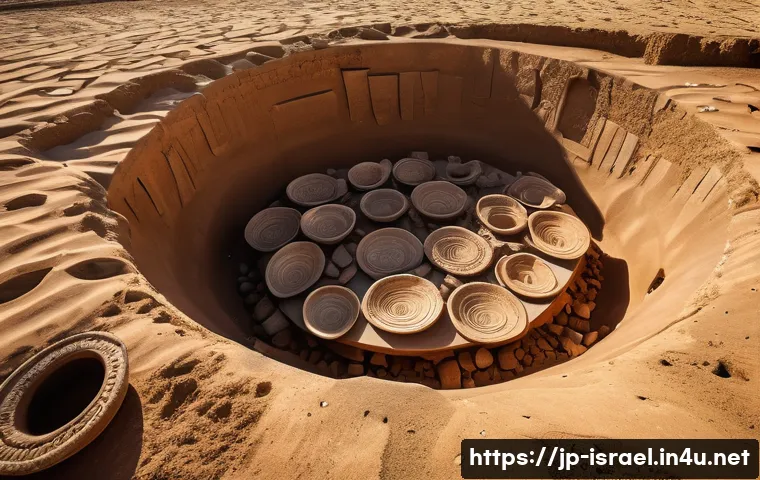 이스라엘에서 발견된 새로운 고고학적 유물 - A detailed archaeological excavation site in Israel featuring an array of ancient pottery shards and...
