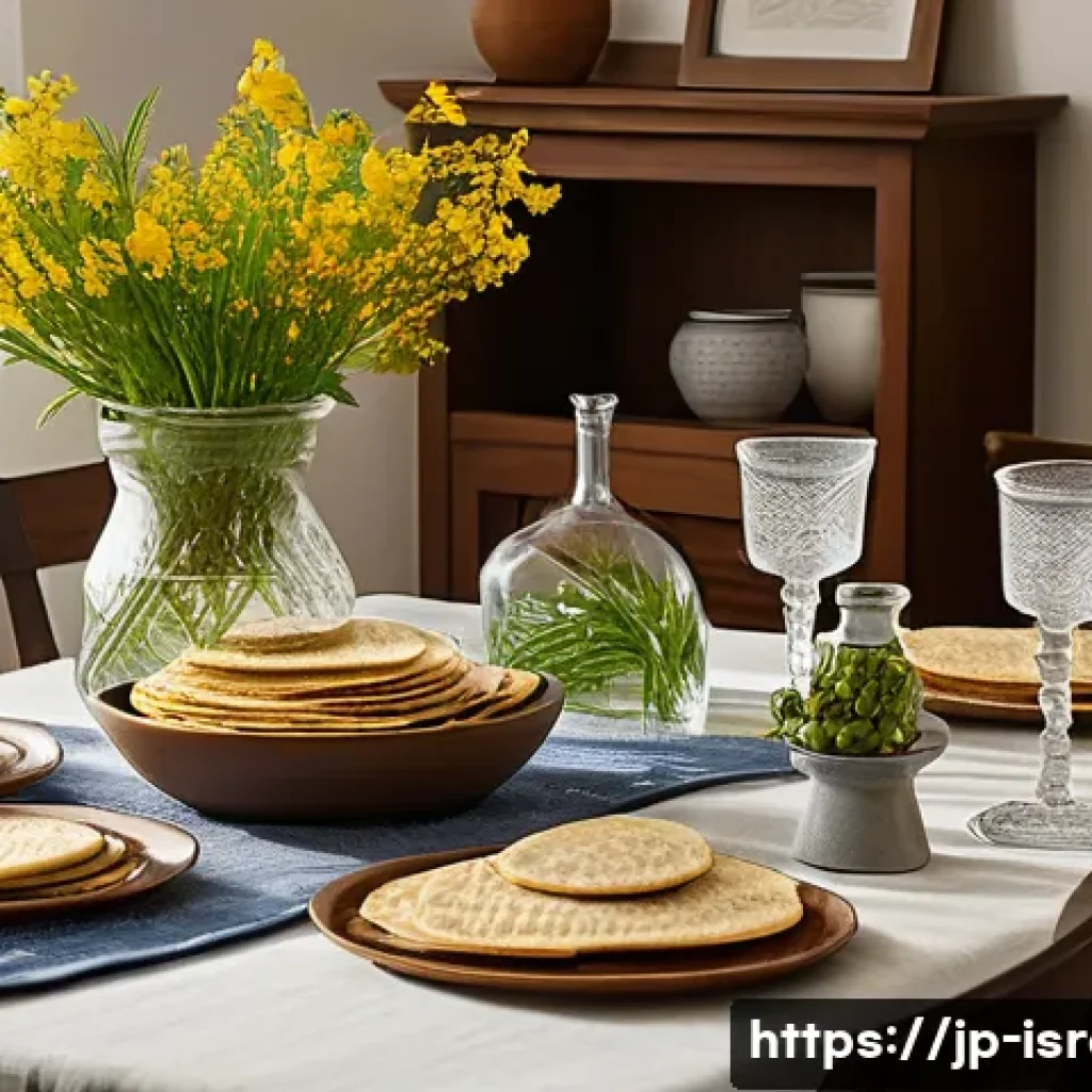 이스라엘 주요 유대교 기념일과 관습 - A warm, inviting scene of an Israeli family gathered around a traditional Passover Seder table in sp...