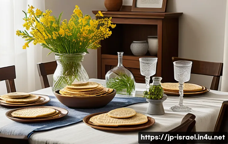 이스라엘 주요 유대교 기념일과 관습 - A warm, inviting scene of an Israeli family gathered around a traditional Passover Seder table in sp...