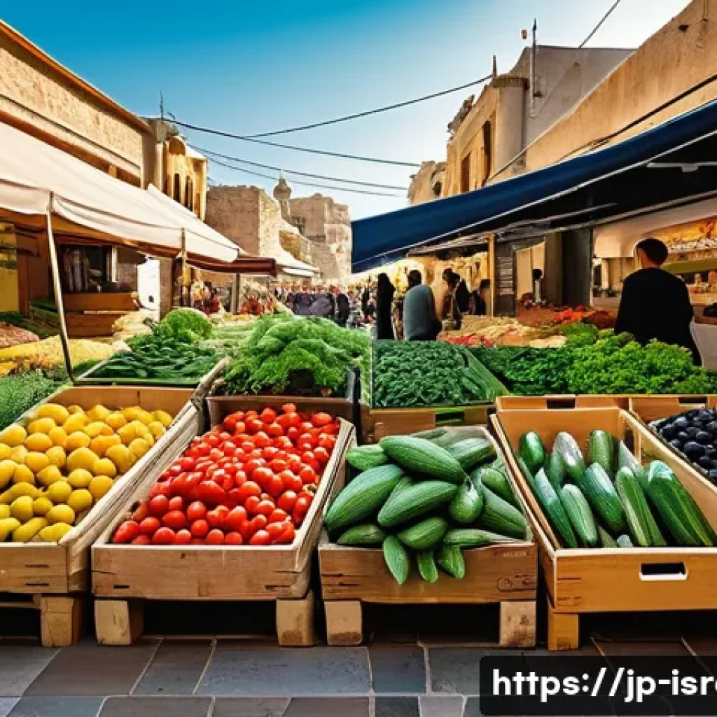 이스라엘에서의 채식주의 라이프스타일 - A vibrant Mediterranean market scene in Israel, showcasing colorful fresh vegetables and fruits like...