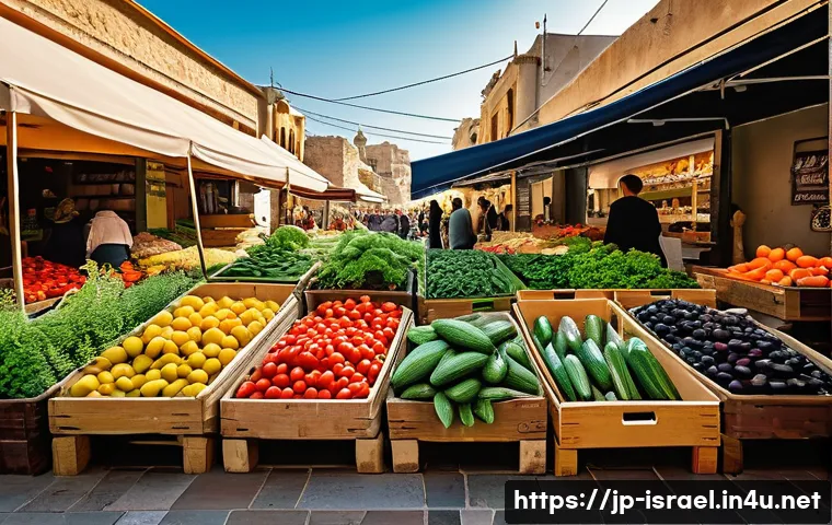 이스라엘에서의 채식주의 라이프스타일 - A vibrant Mediterranean market scene in Israel, showcasing colorful fresh vegetables and fruits like...