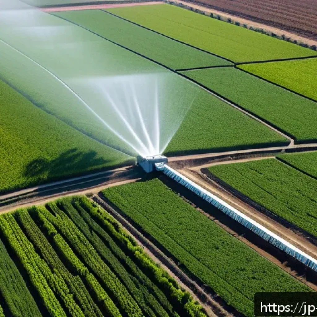이스라엘의 환경보호 정책 - A detailed aerial view of an Israeli smart irrigation system in a sunlit agricultural field, showing...