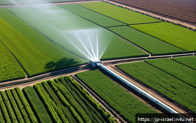 이스라엘의 환경보호 정책 - A detailed aerial view of an Israeli smart irrigation system in a sunlit agricultural field, showing...