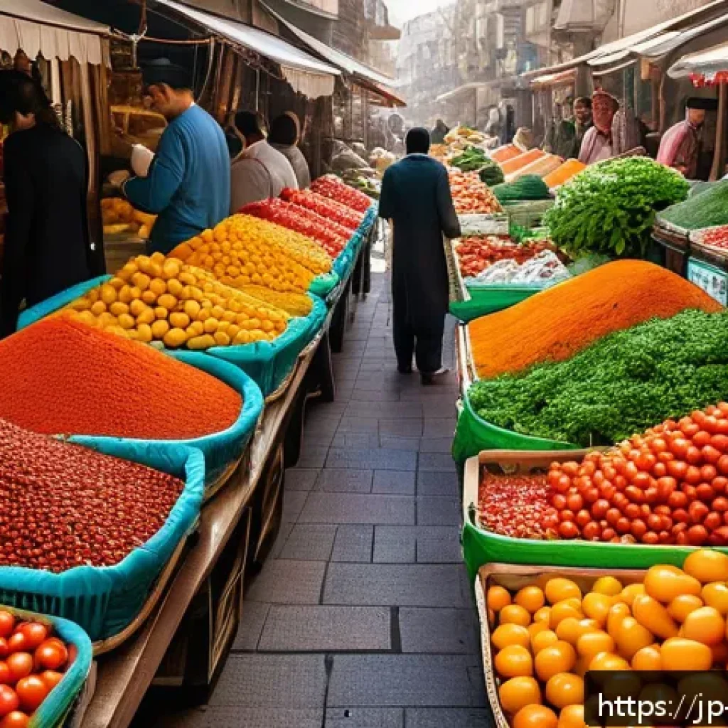 이스라엘의 유명 전통 시장에서의 쇼핑 - A vibrant traditional Israeli market scene bursting with colorful fresh produce: piles of bright red...