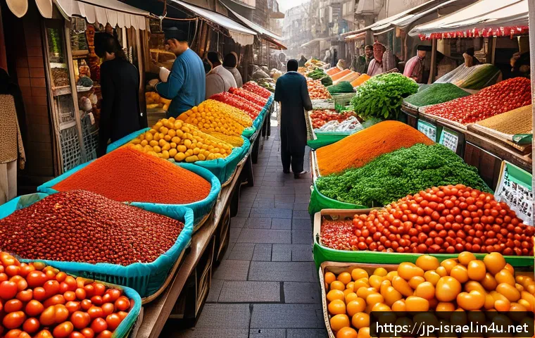 이스라엘의 유명 전통 시장에서의 쇼핑 - A vibrant traditional Israeli market scene bursting with colorful fresh produce: piles of bright red...