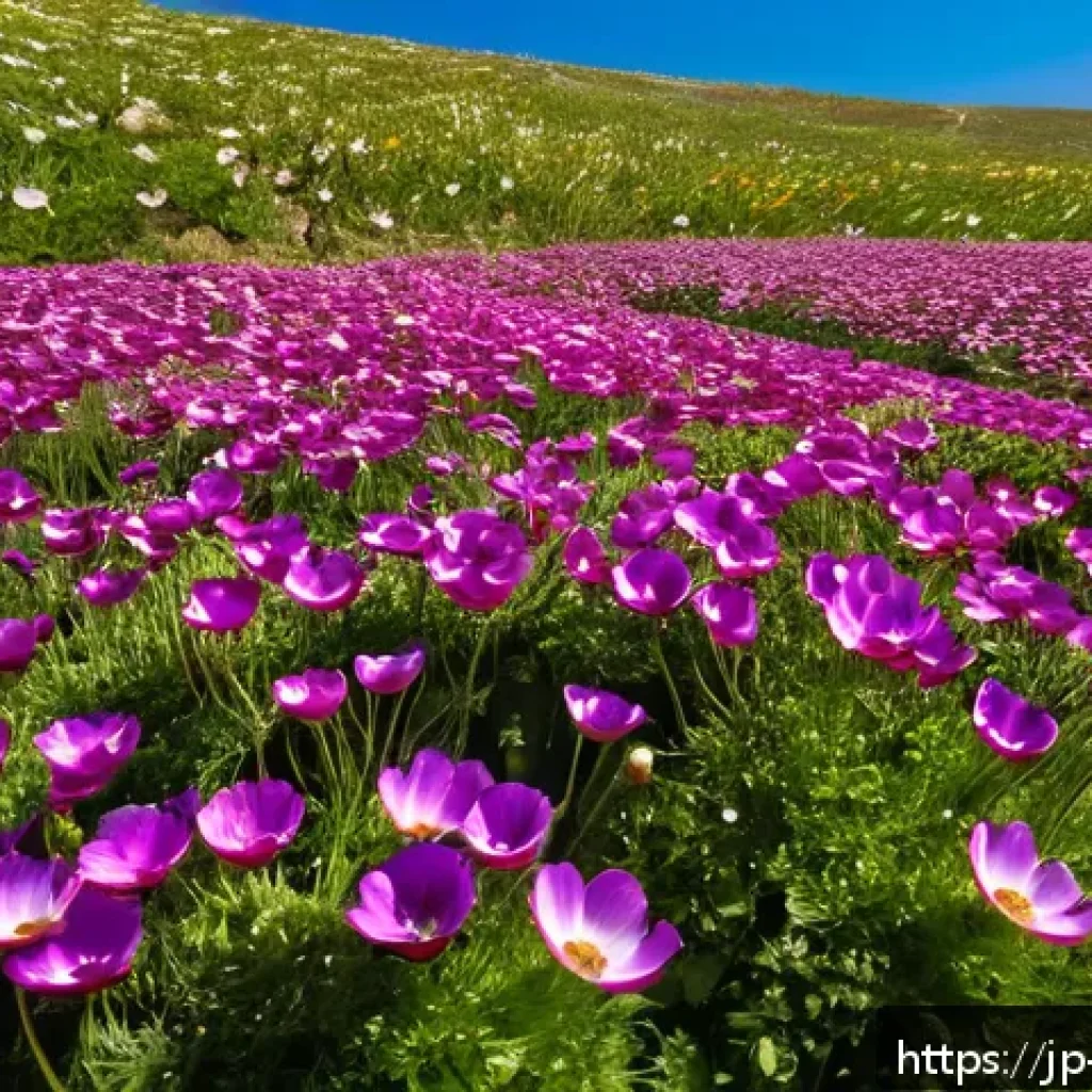 이스라엘의 대표 꽃  아네모네 - A vibrant spring landscape in Israel showcasing a vast wild anemone field with a rich palette of col...