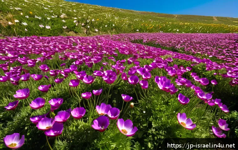 이스라엘의 대표 꽃  아네모네 - A vibrant spring landscape in Israel showcasing a vast wild anemone field with a rich palette of col...