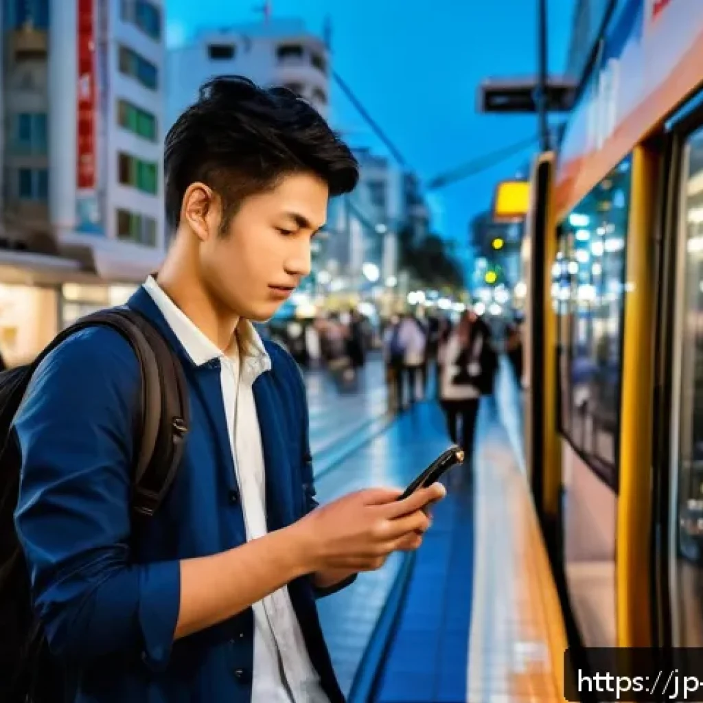 이스라엘의 여행 필수 어플리케이션 - A bustling urban scene in Tel Aviv at dusk, featuring diverse people using a smartphone app to navig...