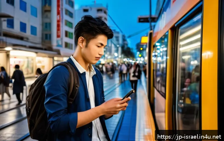 이스라엘의 여행 필수 어플리케이션 - A bustling urban scene in Tel Aviv at dusk, featuring diverse people using a smartphone app to navig...
