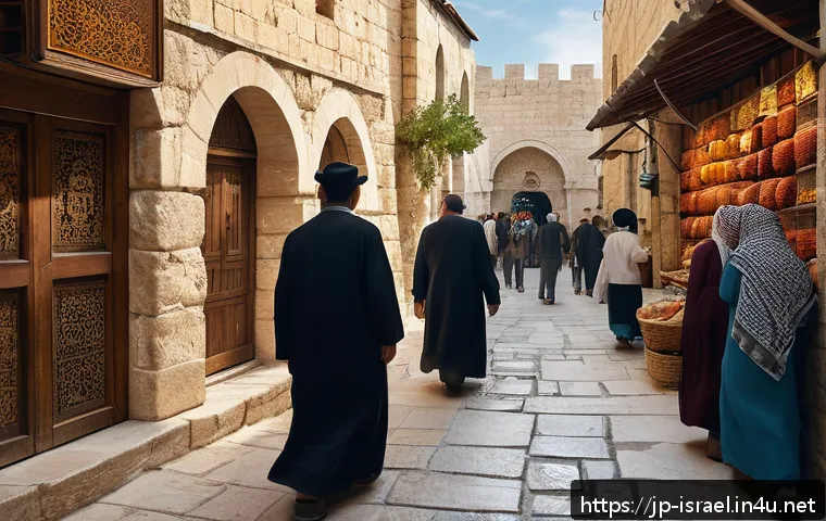 이스라엘의 기독교 및 이슬람 사원 - A bustling street scene inside Jerusalem’s Old City, showcasing the distinctive architecture of the ...
