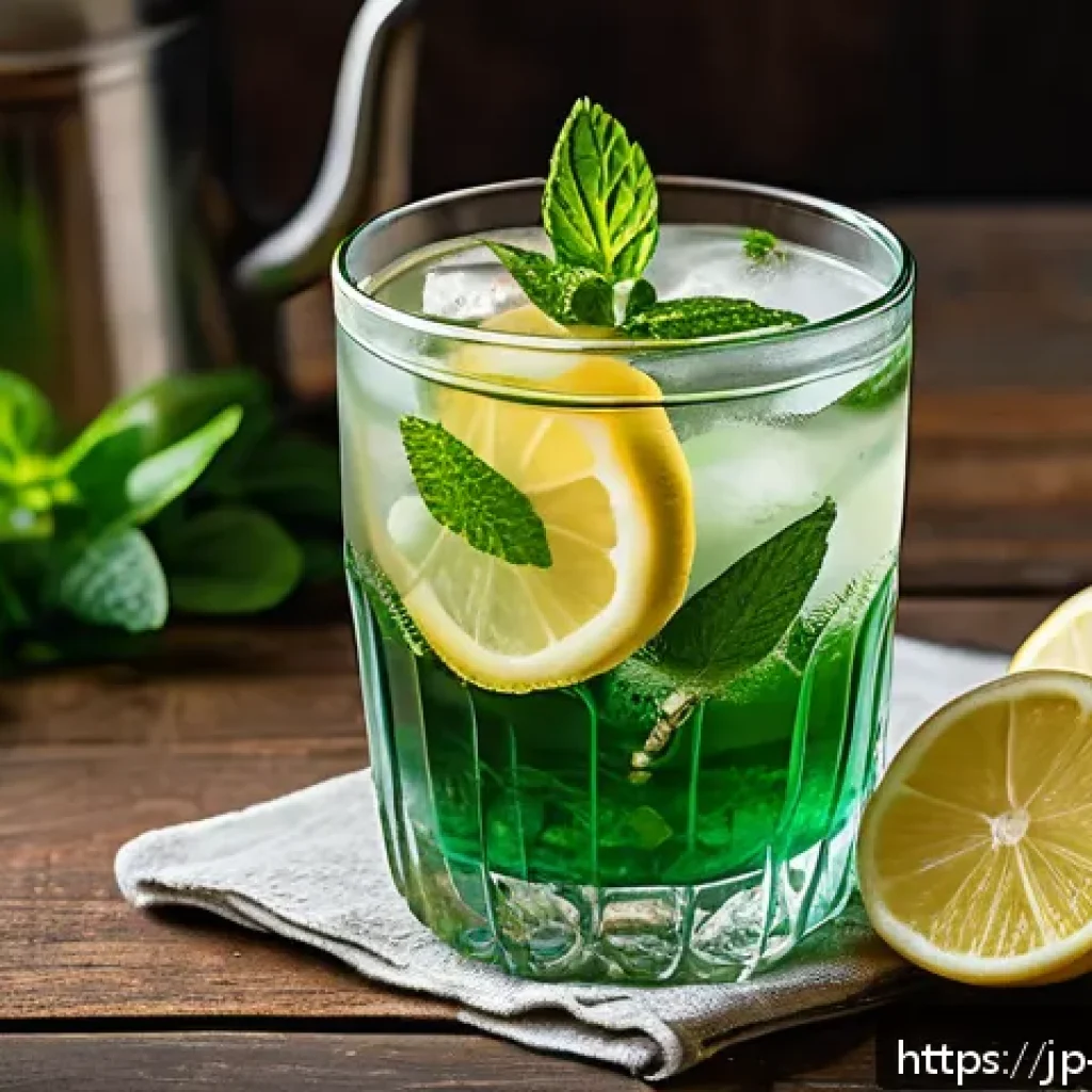 이스라엘 전통 음료와 현대적 조리법 - A vibrant, refreshing glass of traditional Israeli mint tea served chilled in a clear glass with ice...