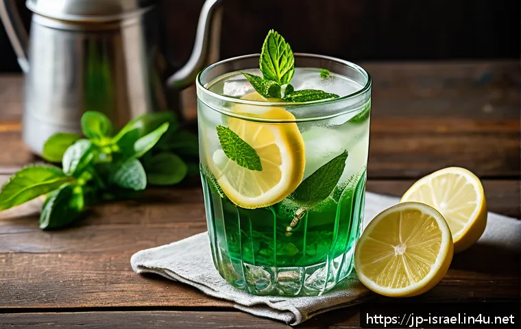 이스라엘 전통 음료와 현대적 조리법 - A vibrant, refreshing glass of traditional Israeli mint tea served chilled in a clear glass with ice...
