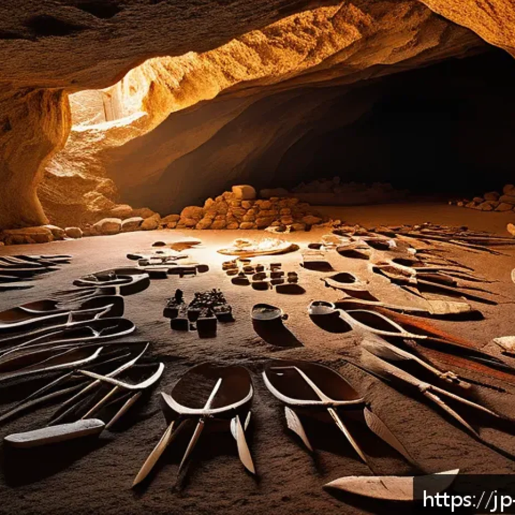 이스라엘에서 발견된 선사시대 동굴 - A detailed interior scene of an ancient Israeli cave dwelling from about 20,000 years ago, showing f...