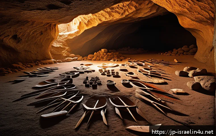이스라엘에서 발견된 선사시대 동굴 - A detailed interior scene of an ancient Israeli cave dwelling from about 20,000 years ago, showing f...