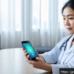 이스라엘의 의료기술 혁신 - A futuristic telemedicine scene showing a middle-aged Japanese woman wearing a sleek smart wrist dev...